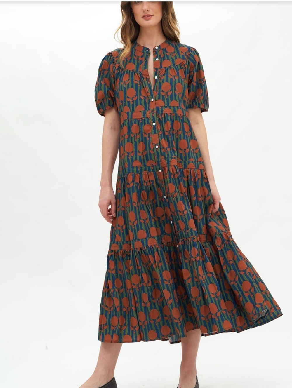NWT Oliphant Tiered Scoopneck Button Front Flowy Short  Sleeve Midi Dress XL